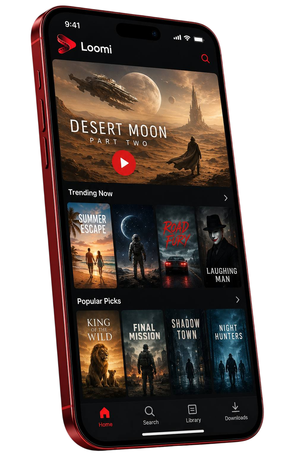 Loomi app interface showing the movie and series catalog